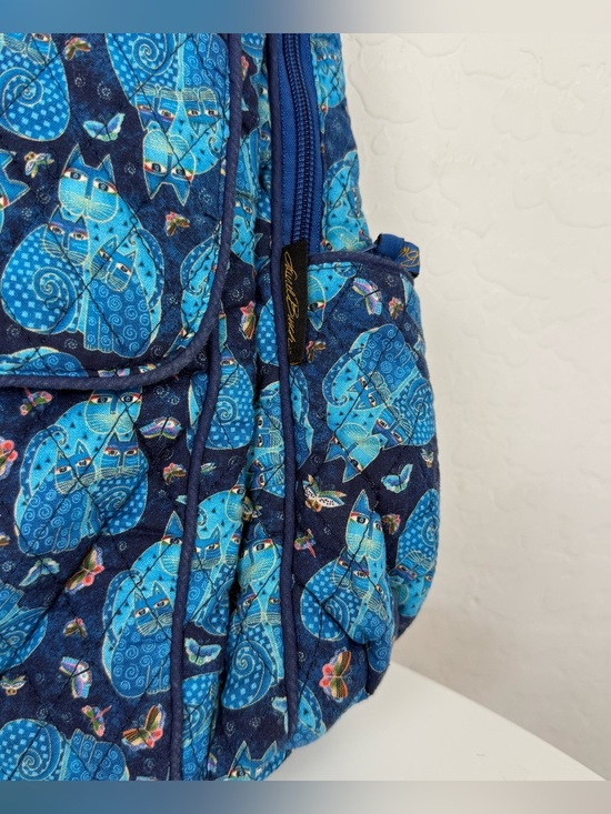 Vintage Laurel Burch Blue Indigo Cat Quilted Backpack